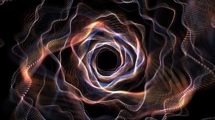 Wall Mural - 4k abstract modern neon lines tunnel. gold and blue dots technology construction. camera rotates and