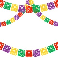 Vector festive template with garlands of Mexican paper decorations and copy space. Poster for traditional Mexican ethnic holiday Day of the Dead, 5 May, festival, birthday, invitation, offers, sale.