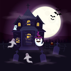 haunted house with ghosts in scene halloween