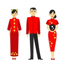 Cartoon Color Characters People Chinese Man And Woman Set. Vector