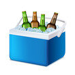 Realistic 3d Detailed Blue Handheld Refrigerator with Beer Bottles. Vector