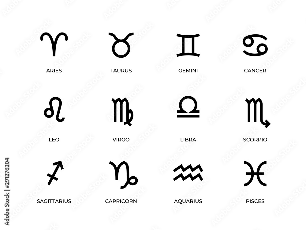 Zodiac symbols. Horoscope and astrology line signs, aries taurus gemini cancer leo virgo libra scorpio and other icons. Vector design illustrations zodiac symbolism set - obrazy, fototapety, plakaty 