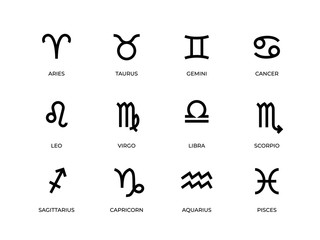 zodiac symbols. horoscope and astrology line signs, aries taurus gemini cancer leo virgo libra scorp