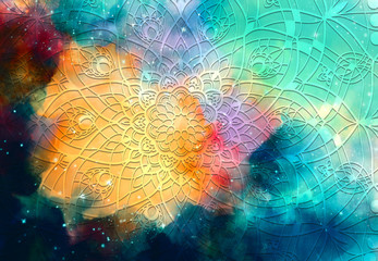 Wall Mural - Abstract mandala graphic design and watercolor digital art painting for ancient geometric concept background