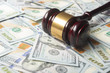 Judges Or Auctioneer Gavel On The Dollar Cash Background, Concept For Corruption, Bankruptcy, Auction Bidding, Fines