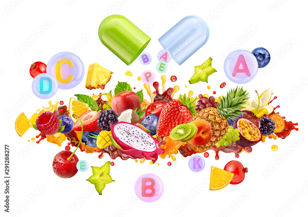 Colorful vitamin-rich foods collage