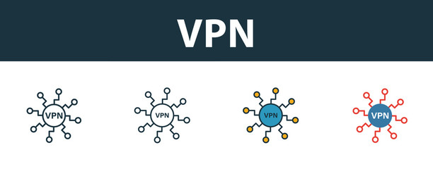 Wall Mural - vpn icon set. four simple symbols in diferent styles from icons collection. creative vpn icons fille