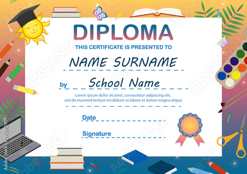 Colorful template of diploma, certificate for children. Educational preschool concept, flat design. Congratulation background with learning symbols and space for the name of the child. Vector © Lyudmyla