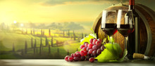 Autumn Countryside Wine Background; Vine, Red Wine Bottles, Wineglass, Wine Barrel; Wine Tasting Concept