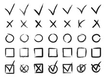 Check Signs. Hand Drawn Checkmarks Set, Doodle V Mark Sign For List Items. Chalk And Brush Check Mark. Collection Checkbox Icons. Vector Illustration.