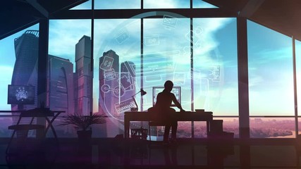 In the office, the silhouette of a woman at the desk.