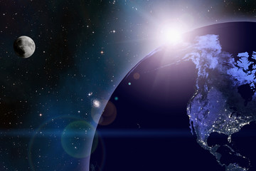 Wall Mural - space background of planet earth sunrise from the space and moon