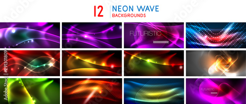 Set of neon shiny abstract wave backgrounds, dynamic energy motion concepts w...