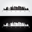Fukuoka skyline and landmarks silhouette, black and white design, vector illustration.