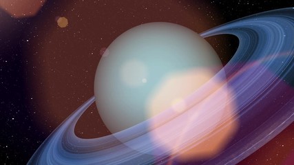 Wall Mural - uranus planet and rising sun on space. stars and sun flare, blue, beautiful planet with rings is rot