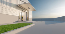 Commercial Or Industrial Facade. That Is A Property Use As Factory, Warehouse, Hangar Or Workplace. Modern Exterior Design With Roller Door And Metal Wall. Stone Brick Paving At Outdoor. 3d Render.