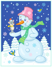 Big Funny Snowman With A Mouse In A Red Cap On His Hand Stands On The Night Glade. New Year Card In Cartoon Style.