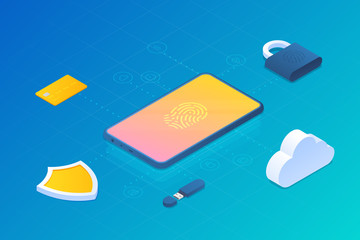 Canvas Print - access by fingerprint to data information in mobile phone smartphone cloud digital cyber bio securit