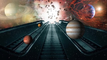 Wall Mural - stairway to cosmos. all planets of solar systems in front of stair. fantasy and surrealistic art ani