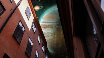 Wall Mural - house, building with cosmos view. jupiter, saturn and uranus. surrealistic 3d rendering. solar syste