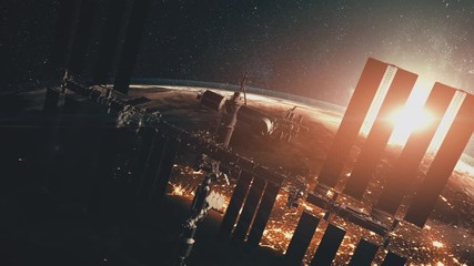 Wall Mural - modern iss with solar panels flies over planet earth day part against bright sun. 3d render animatio