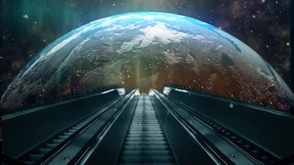 Wall Mural - Stairway to world. Surrealistic cosmos rendering. Realistic 3D rendering of World and stairway to Earth.