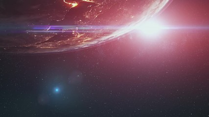 Wall Mural - illuminated planet earth continents with white halo in outer space against bright colour sun. 3d ren