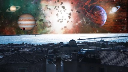 Wall Mural - city view and solar system's planets on sky. surrealistic 3d rendering. jupiter, saturn, world, uran