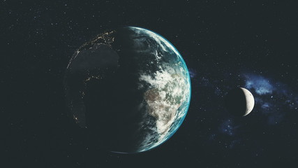 Wall Mural - planet earth spin moon orbit space sun beam glow. star open galaxy constellation satellite view radi