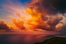 Evening Bottle Beach On Phangan Island Thailand Nature Landscape. Sunset Over Oriental Exotic Tourism Coastline Aerial View From Climb. Panoramic Photo On Ocean And Amazing Orange Cloudy Sky