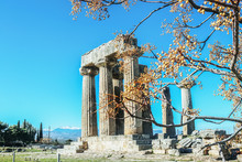 Columns And Remains Of Temple Of Apollo In Corinth Greece On A Sunny Winter Day With Dried Chinaberry Limbs And Berries Blurred In Foreground And Snowy Mountains In Distance