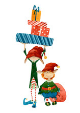Picture Of Christmas Elves With Presents Hand Drawn In Watercolor Isolated On A White Background