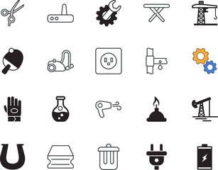 equipment vector icon set such as: beaker, country, warm, gloves, cooperation, analysis, pump, pharmacy, gas, oil, clip, build, pipe, area, hairdryer, horseshoe, travel, s, green, decoration, blowing