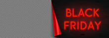 Black Friday Sale Promo Background. Black Friday Web Banner With Place For Promotion Goods. Modern Neon Red Billboard On Brick Wall. Advertising For Seasonal Offer With Neon Text. Vector Illustration.