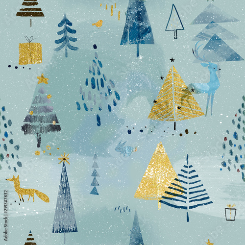 Photo seamless lovely pattern with christmas trees and cute animals