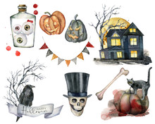 Watercolor Halloween Elements Set. Hand Painted Holiday Set With Cat, Pumpkin, House, Tree, Skull, Garland, Crow And Eye Isolated On White Background. Illustration For Design, Print Or Background.