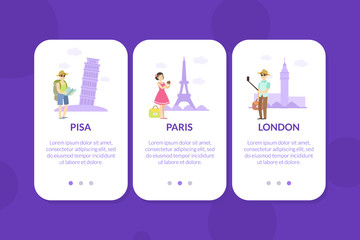 Wall Mural - Pisa, Paris, London, Mobile App Page Onboard Screen Set, Website or Web Page Vector Illustration