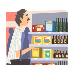 Sticker - Businessman Doing Grocery Shopping with Basket at Supermarket After Work, Man in Everyday Life, Daily Routine Vector Illustration