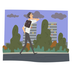 Sticker - Man Coming Back Home After work, Businessman Going to Office, Man in Everyday Life, Daily Routine Vector Illustration