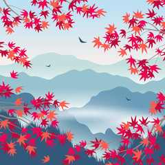 Wall Mural - Autumn Landscape with Foggy Mountains and Japanese Maple Leaves