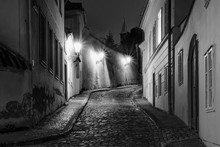 Hidden Fairytale Street In Prague Czech Republic Novy Svet Quarter Enlightened By Street Lamps During Night Black And White