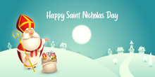 Happy Saint Nicholas Day - Winter Scene Greeting Card Or Banner - Turquoise Background