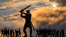 Gigantic Figure Of Enraged God Odin With Raised Sword And Viking Army In Valhalla (plastic Toy Soldiers), Stormy Clouds With Bright Sun, Ragnarok, Old Norse Epic, Saga, Mythology, Panoramic Image