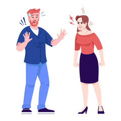 Sticker - Couple quarrel flat vector illustration. Emotional family conflict. Domestic violence against men. Angry woman and defending man isolated cartoon characters with outline elements on white background