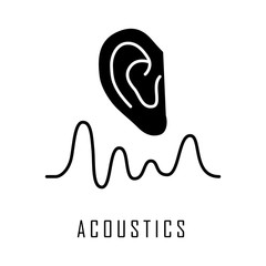 Sticker - Acoustics glyph icon. Sound transmission and hearing effect. Physics branch. Soundwave frequency, waveform generation. Silhouette symbol. Negative space. Vector isolated illustration