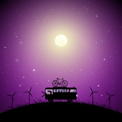 Sticker - Cartoon retro car between windmills on moonlit night. Vector illustration with silhouettes of parents with children traveling in camper. Family road trip. Full moon in starry sky