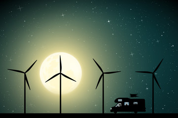 Sticker - Cartoon retro car between windmills on road on moonlit night. Vector illustration with silhouette of man traveling in camper. Solo road trip. Full moon in starry sky