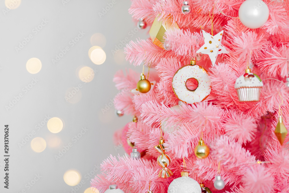 Pink Christmas tree and christmas decorations white and gold color ...
