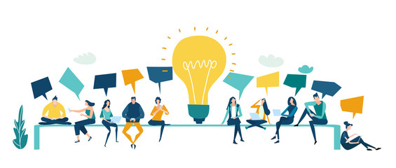 group of young people sitting on the bench next to light bulb and searching with devises. internet, 