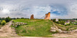 seamless spherical hdri panorama 360 degrees view on high slope near wall of ruined castle of Grand Duchy of Lithuaniain overlooking village from mountain equirectangular projection, for VR content